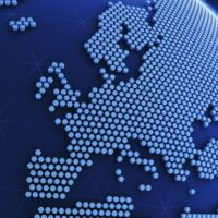3d rendering of a blue planet made out of hexagons showing Europe